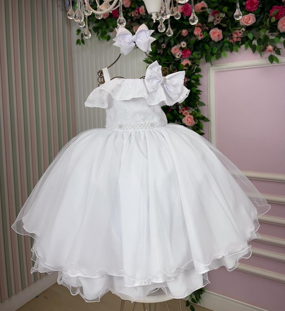 Vestido Infantil Branco em Poliéster com Detalhes em Lese e Tule