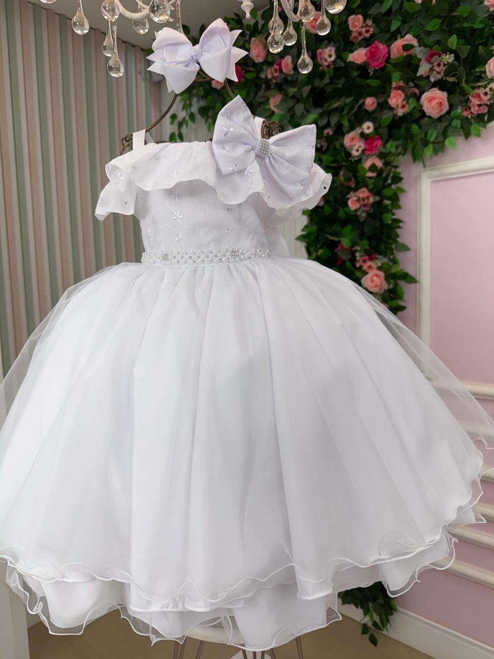 Vestido Infantil Branco em Poliéster com Detalhes em Lese e Tule