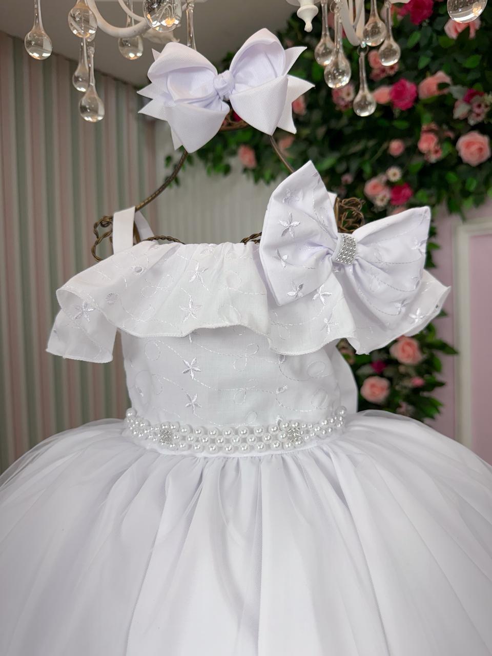 Vestido Infantil Branco em Poliéster com Detalhes em Lese e Tule