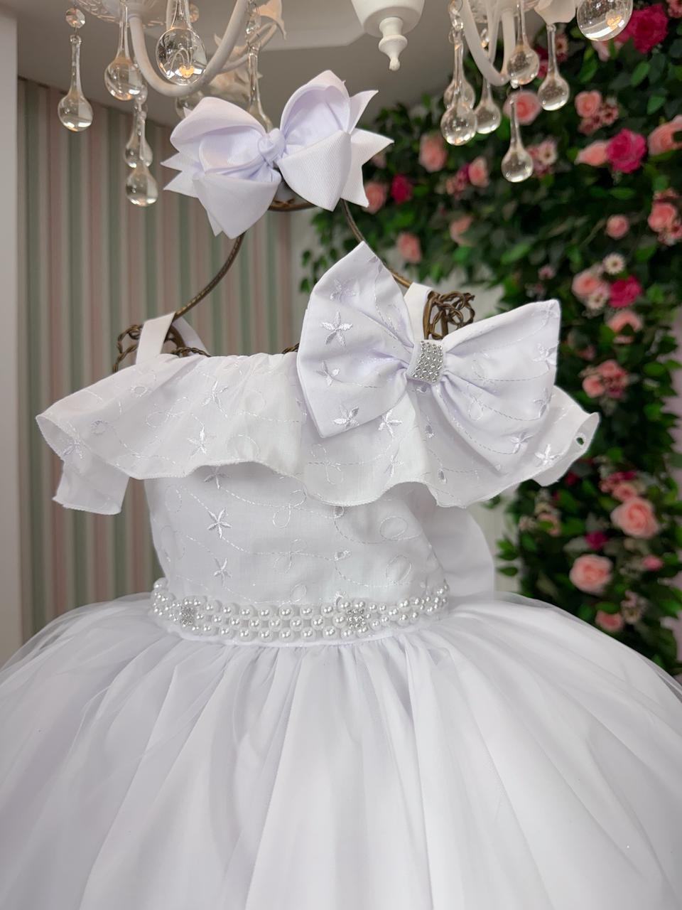 Vestido Infantil Branco em Poliéster com Detalhes em Lese e Tule