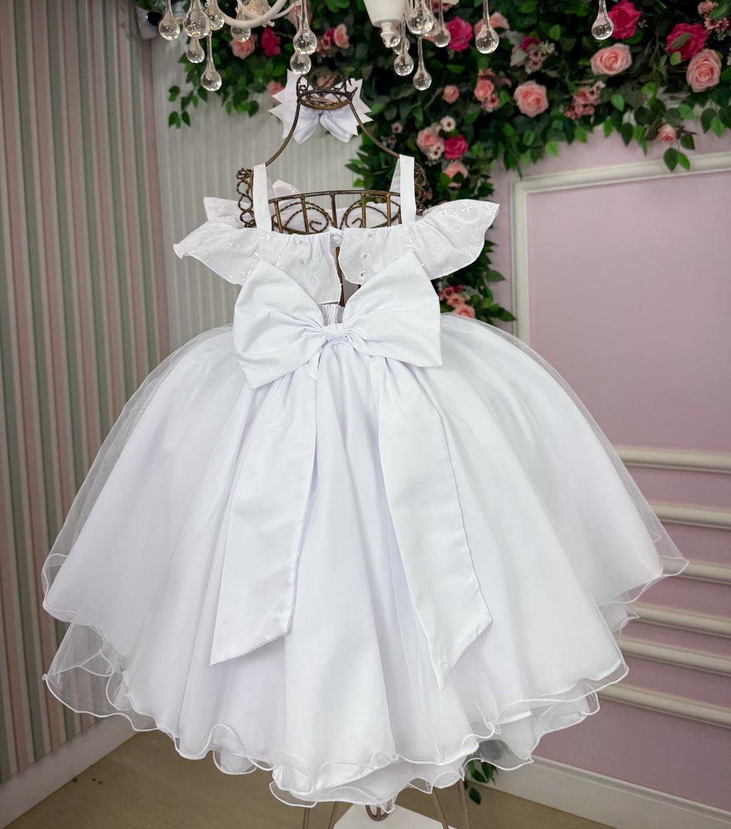 Vestido Infantil Branco em Poliéster com Detalhes em Lese e Tule