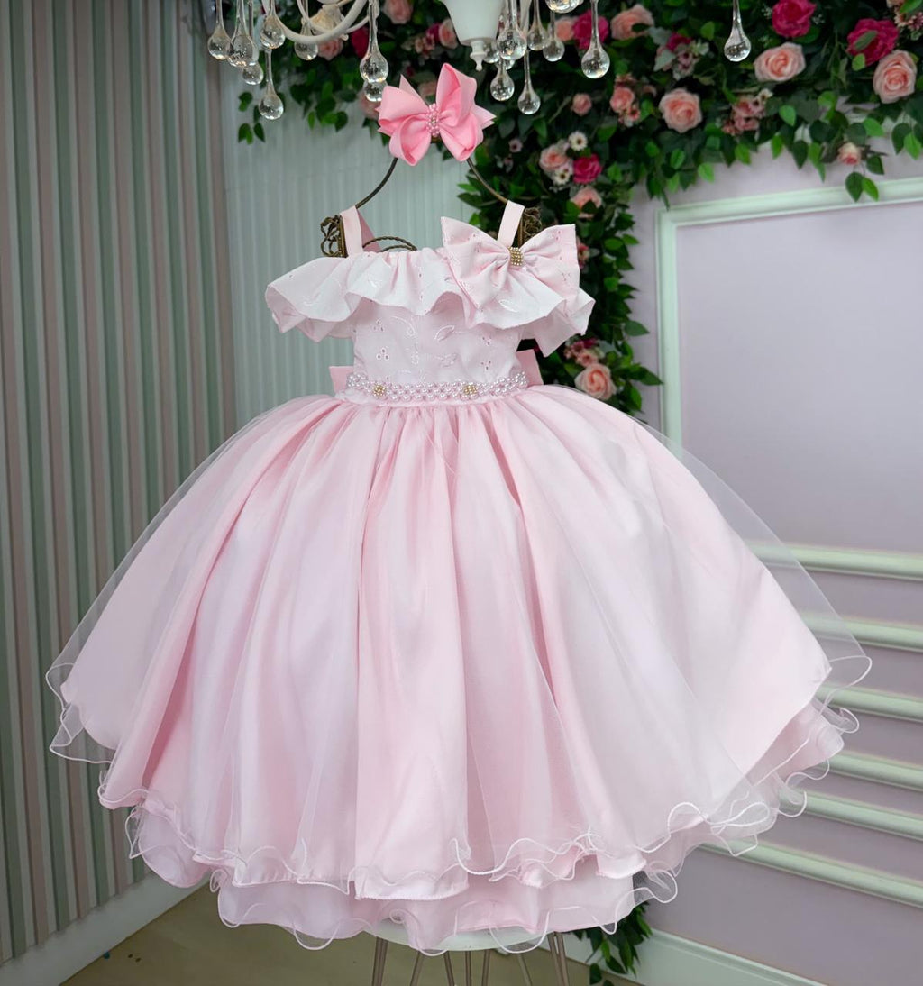 Vestido Rosa Bebê Com Lese Bordado Para Festas e Aniversários