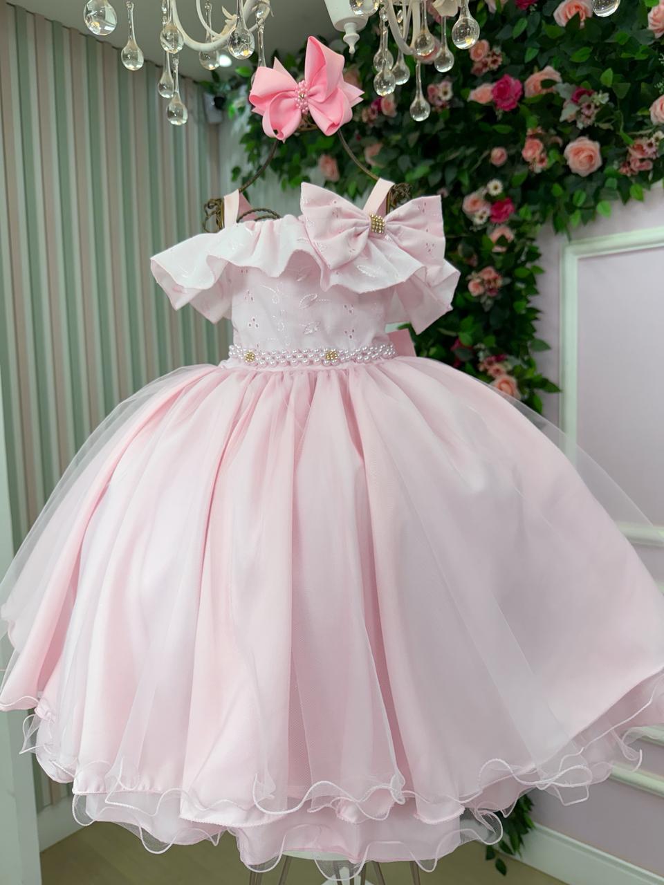 Vestido Rosa Bebê Com Lese Bordado Para Festas e Aniversários