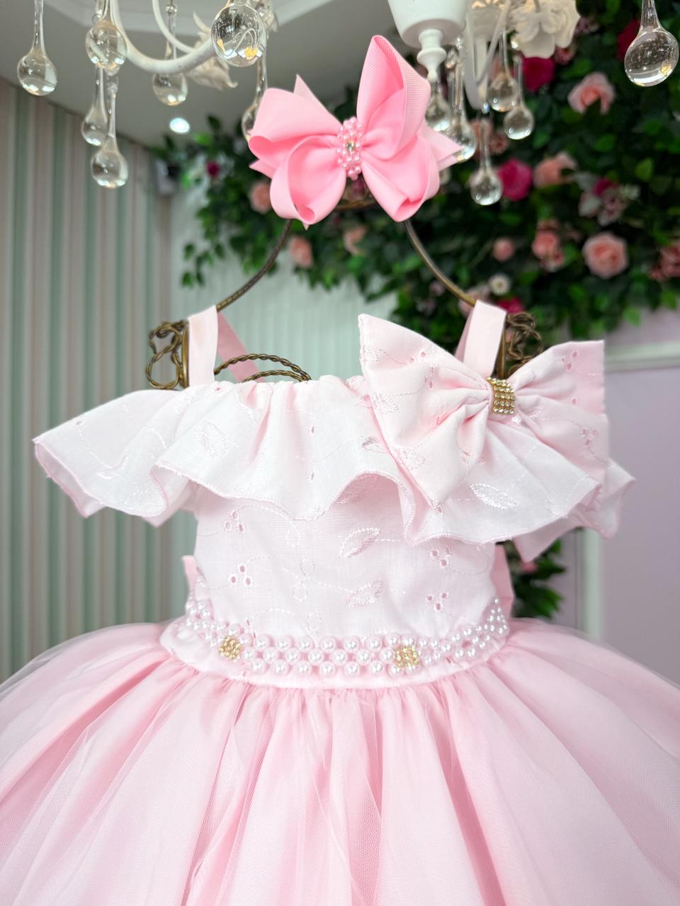 Vestido Rosa Bebê Com Lese Bordado Para Festas e Aniversários