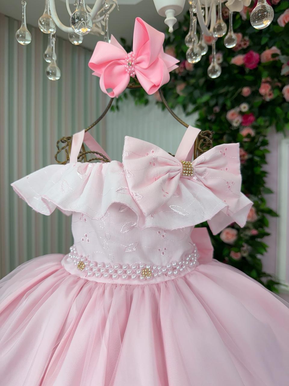 Vestido Rosa Bebê Com Lese Bordado Para Festas e Aniversários