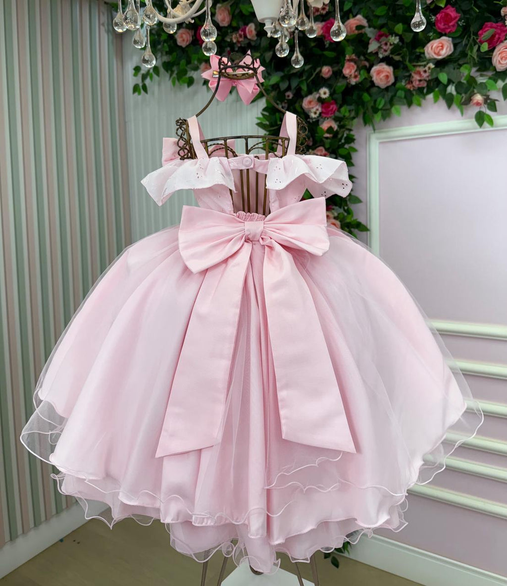 Vestido Rosa Bebê Com Lese Bordado Para Festas e Aniversários