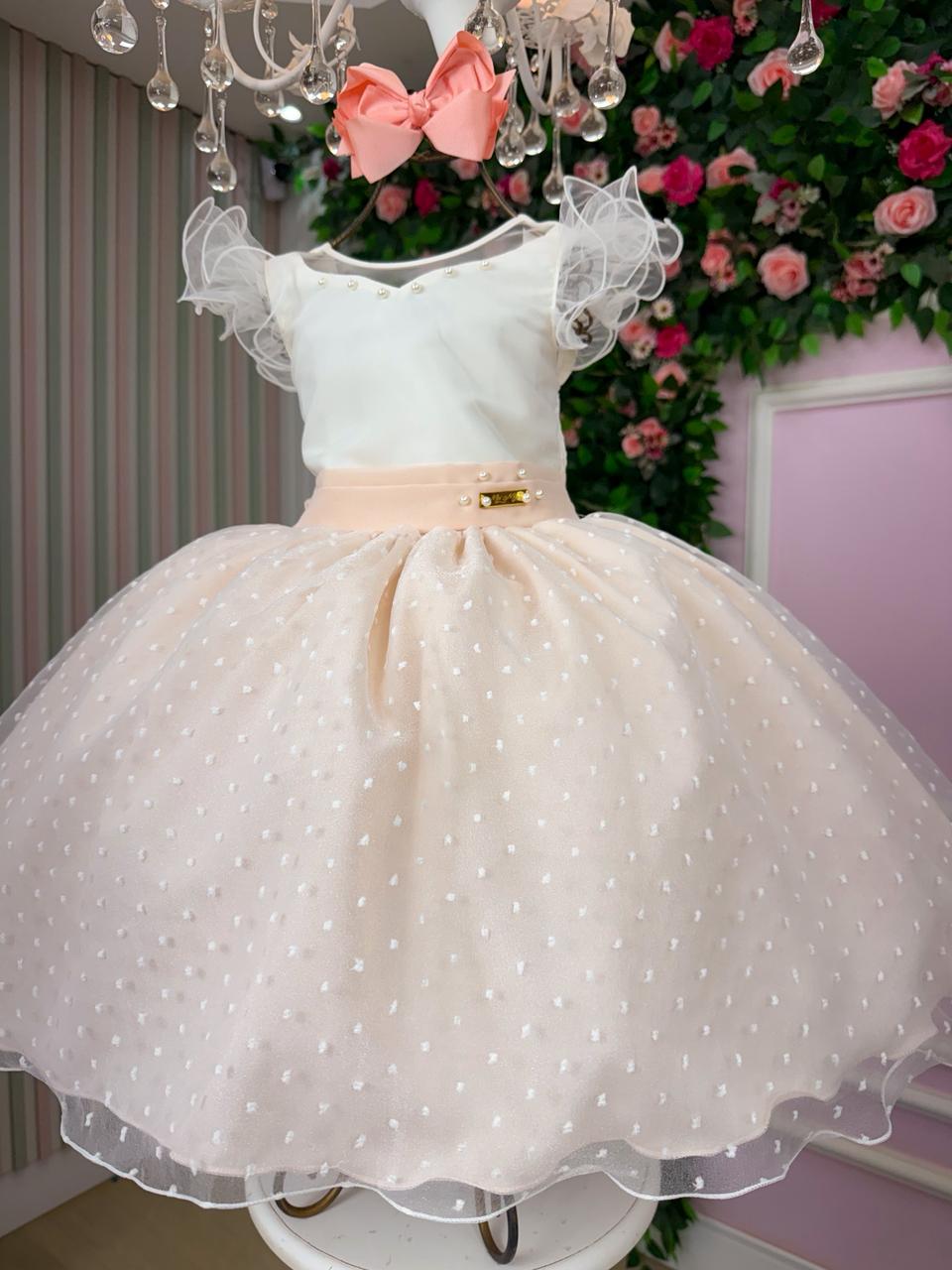 Vestido Infantil Pessego em Tule com Detalhes em Pérolas