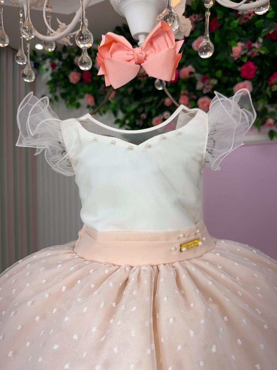 Vestido Infantil Pessego em Tule com Detalhes em Pérolas