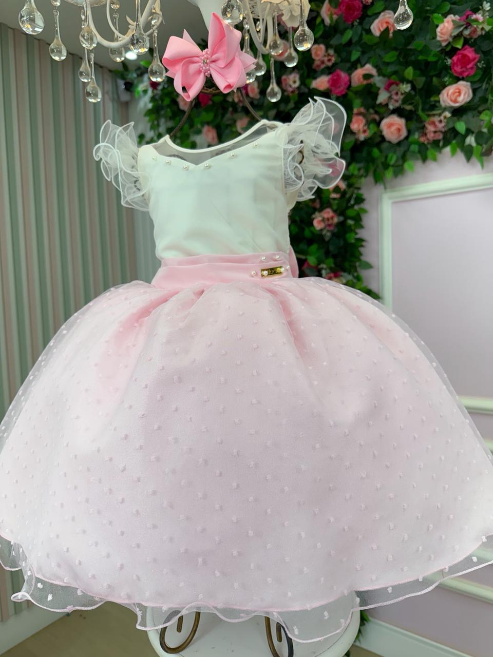 Vestido Infantil Rosa Bebê em Tule com Pérolas e Mangas de Tule