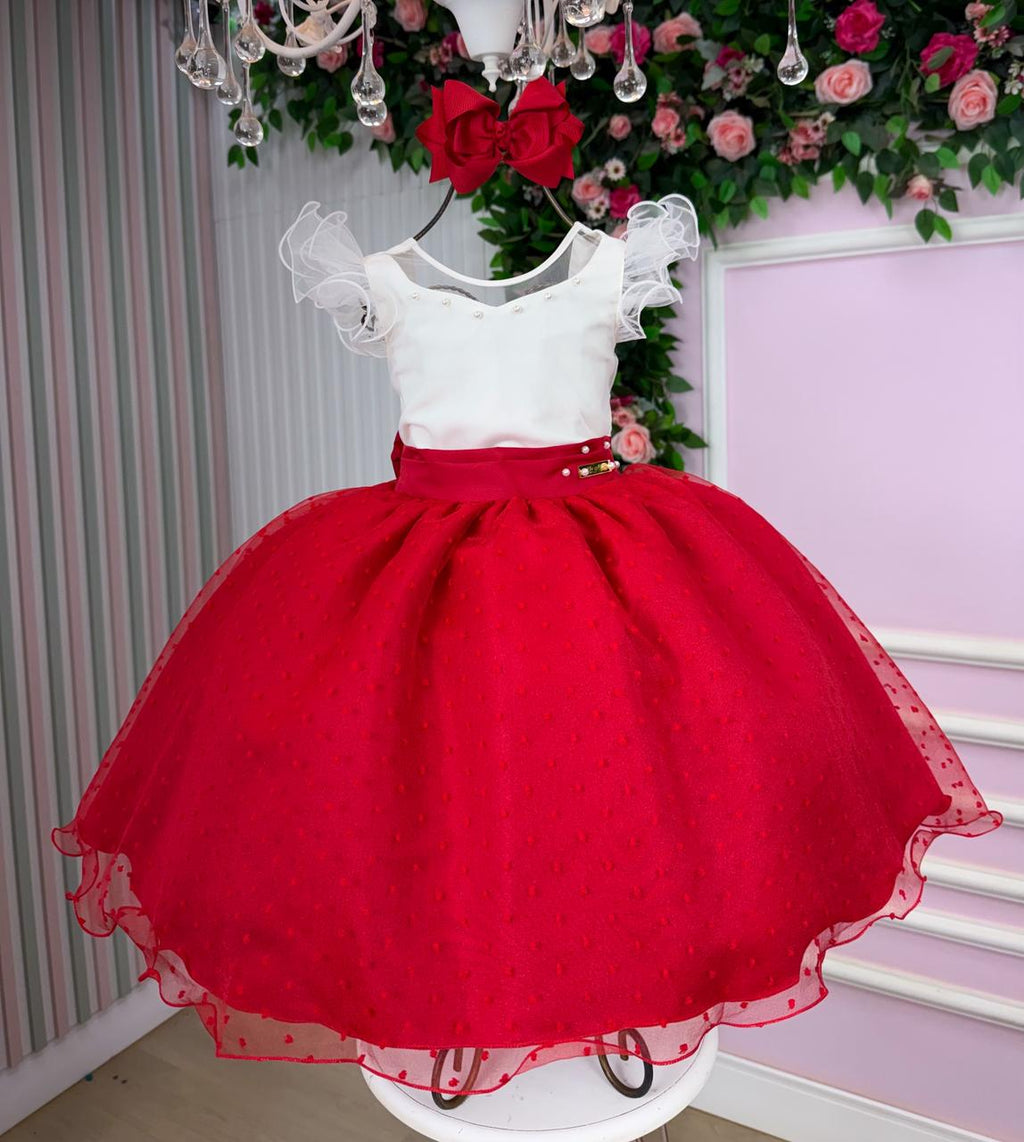 Vestido Infantil Vermelho em Tule Poá com Detalhes em Pérolas