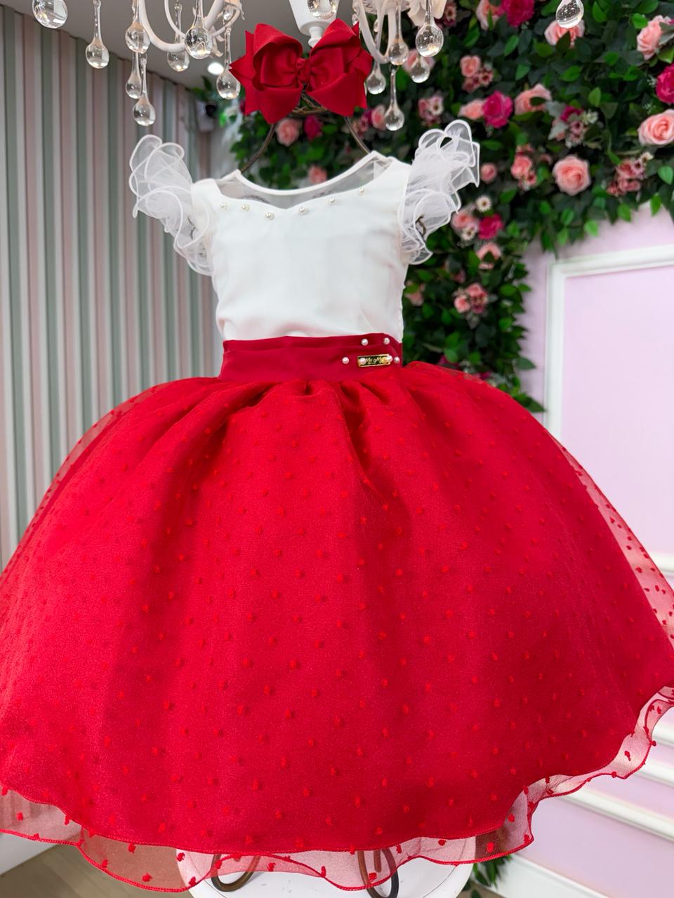 Vestido Infantil Vermelho em Tule Poá com Detalhes em Pérolas