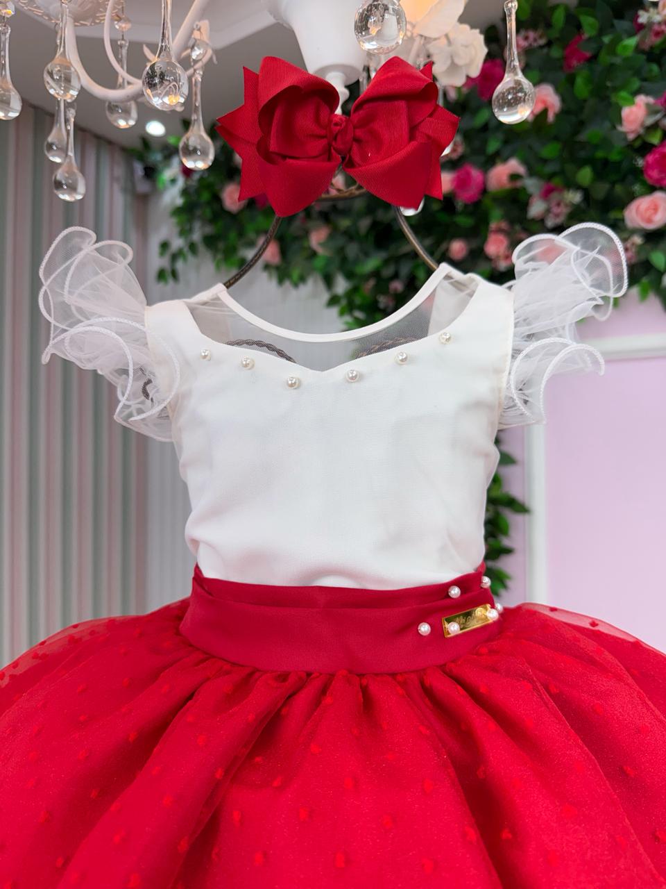 Vestido Infantil Vermelho em Tule Poá com Detalhes em Pérolas