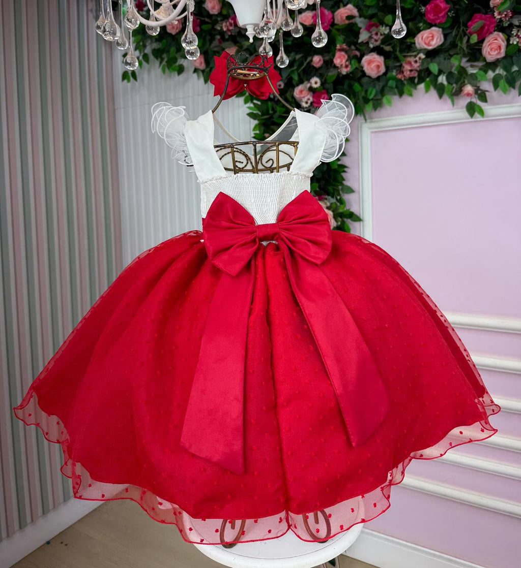 Vestido Infantil Vermelho em Tule Poá com Detalhes em Pérolas