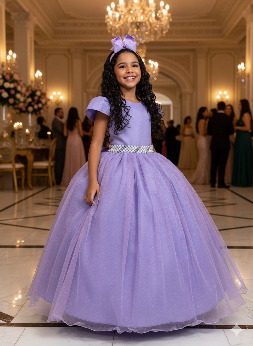 Vestido Heloísa Lilás de Tule com Brilho Suave para Daminhas e Ocasiões Especiais