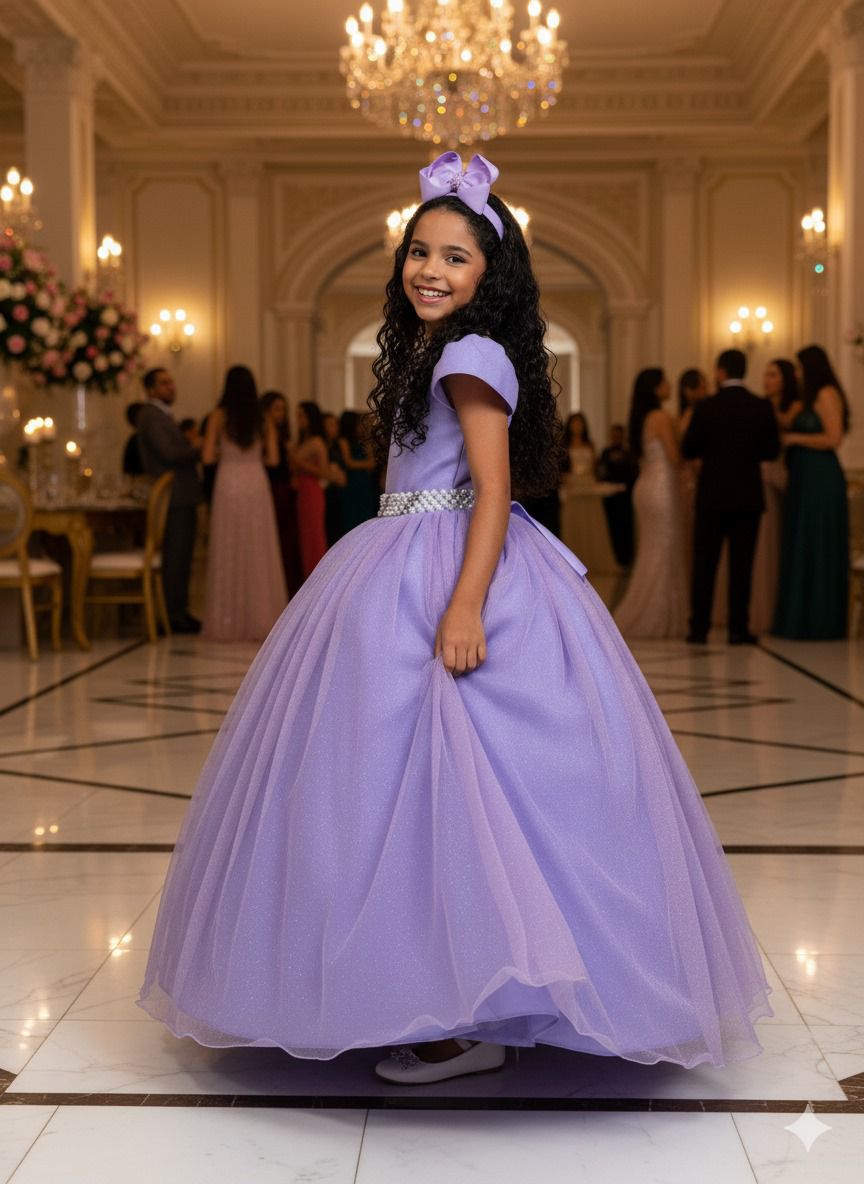 Vestido Heloísa Lilás de Tule com Brilho Suave para Daminhas e Ocasiões Especiais