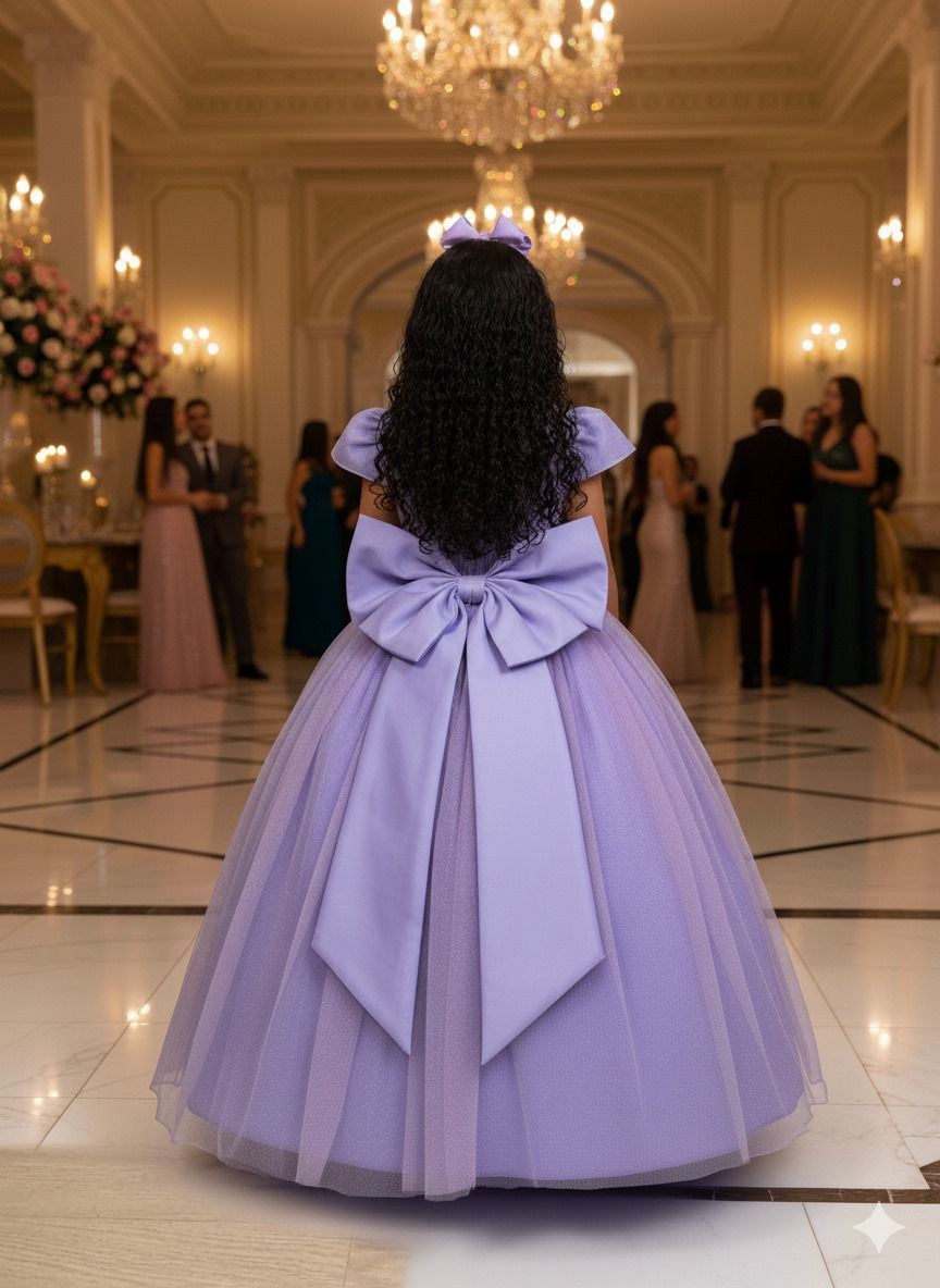 Vestido Heloísa Lilás de Tule com Brilho Suave para Daminhas e Ocasiões Especiais