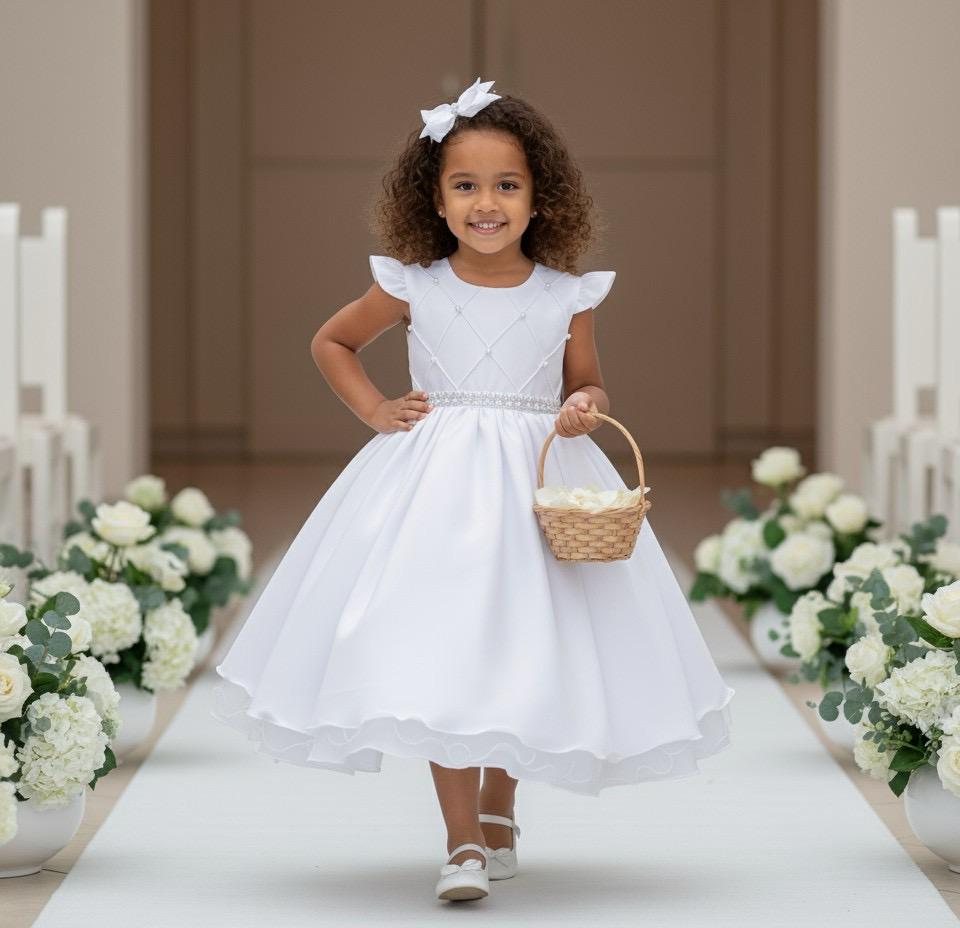 Vestido Infantil Francine Branco em Poliéster com Tule