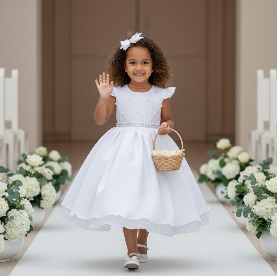 Vestido Infantil Francine Branco em Poliéster com Tule