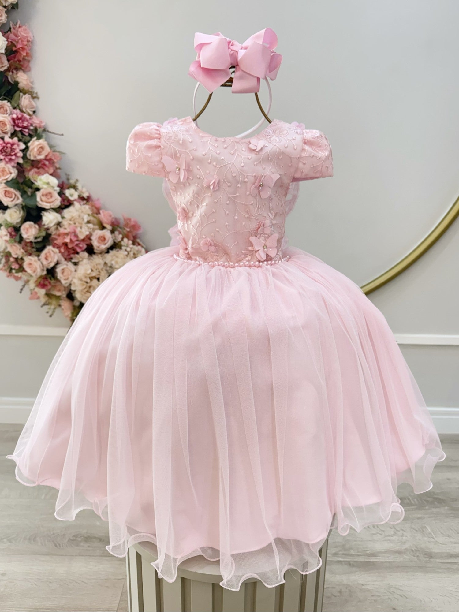 Vestido Infantil Rosa Com Apliques de Borboletas para Festas Luxuosas