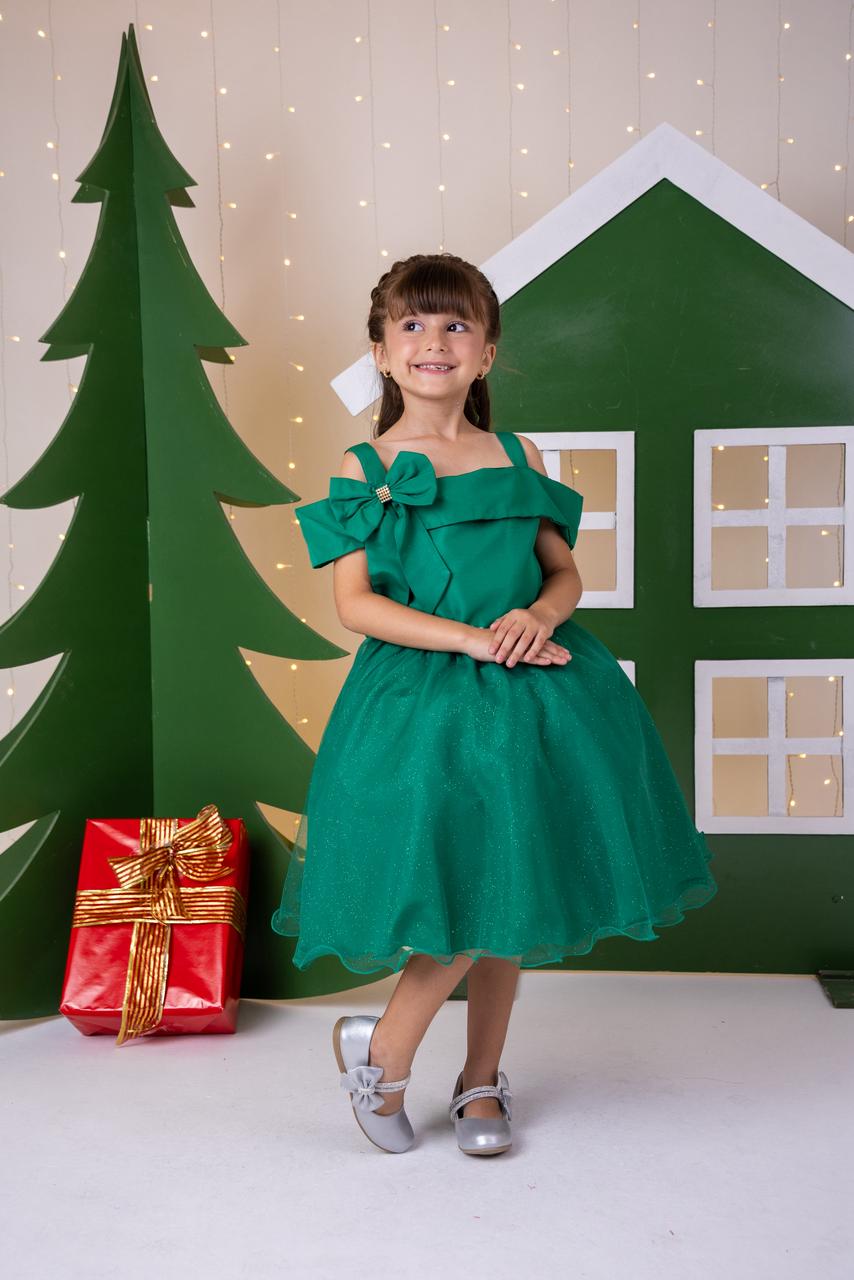 Vestido Verde Midi com Tule de Glitter para Festas de Natal