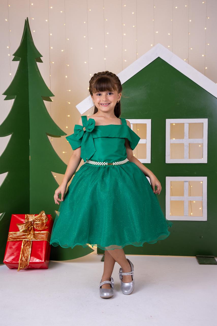 Vestido Verde Midi com Tule de Glitter para Festas de Natal