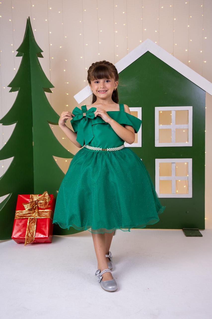 Vestido Verde Midi com Tule de Glitter para Festas de Natal