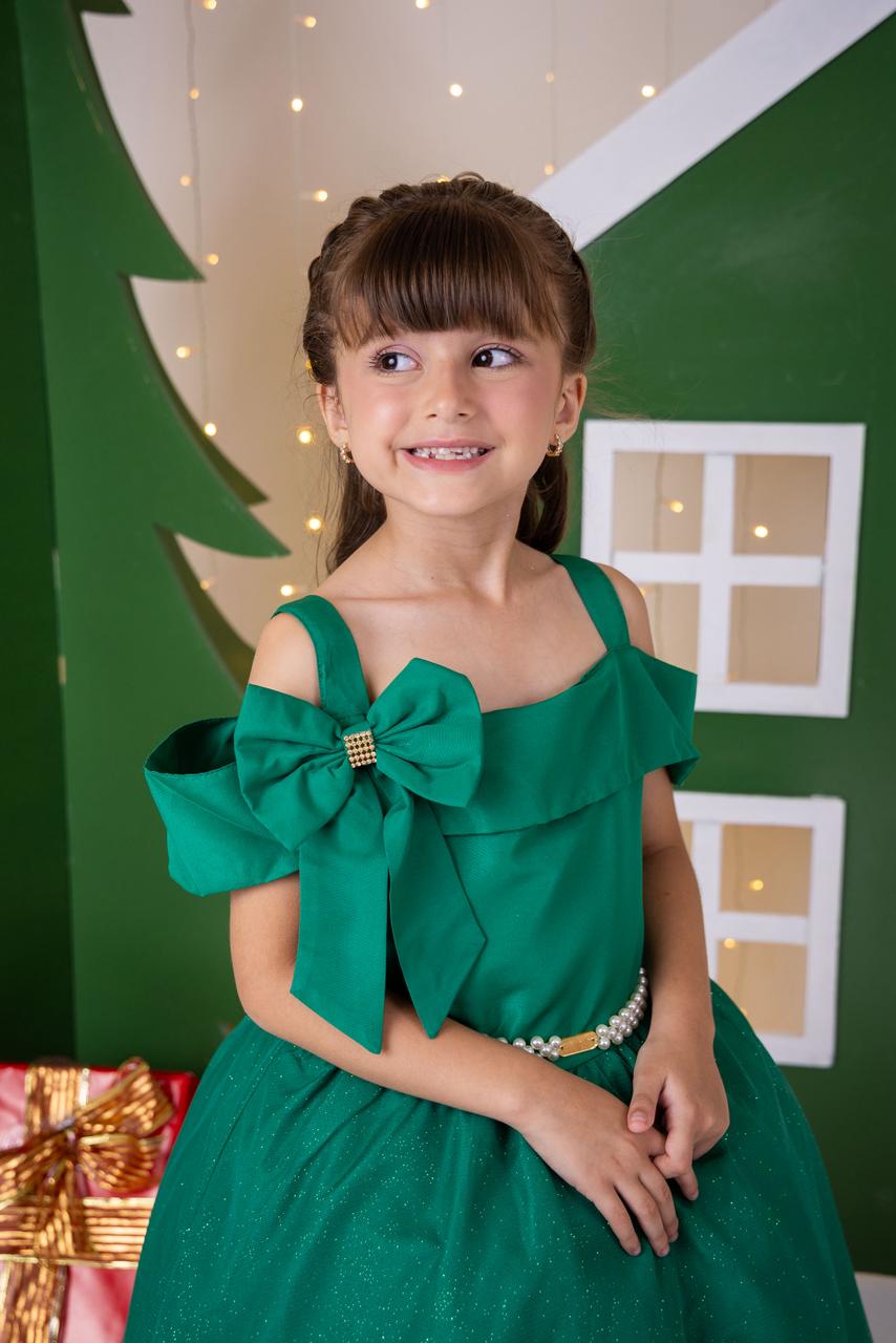 Vestido Verde Midi com Tule de Glitter para Festas de Natal
