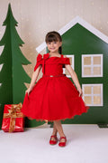 Vestido Midi Vermelho com Tule de Glitter para Festas de Natal