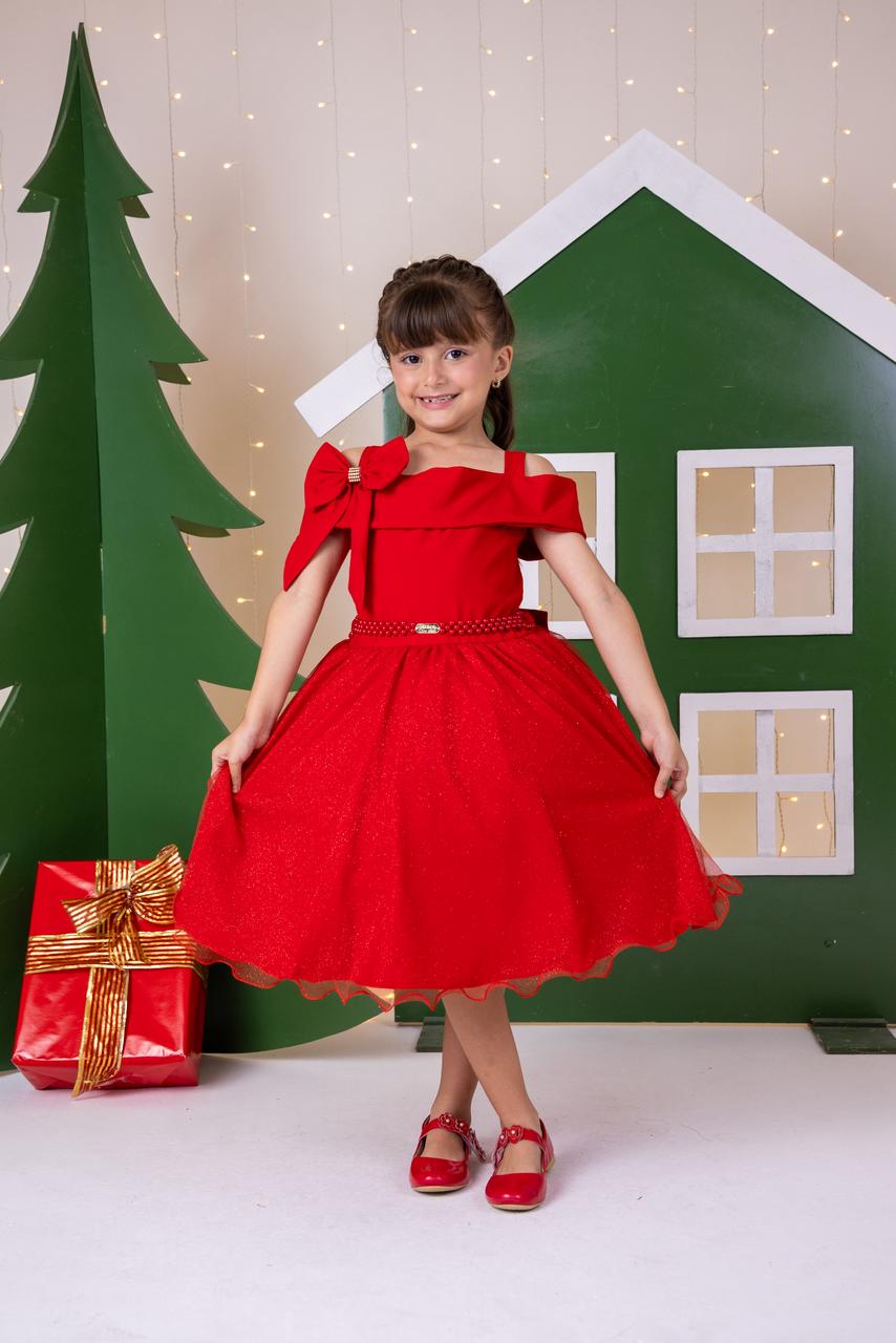Vestido Midi Vermelho com Tule de Glitter para Festas de Natal