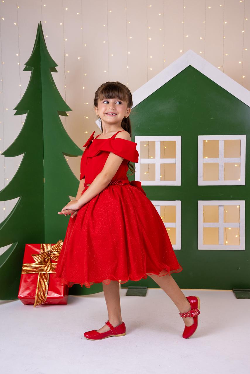 Vestido Midi Vermelho com Tule de Glitter para Festas de Natal