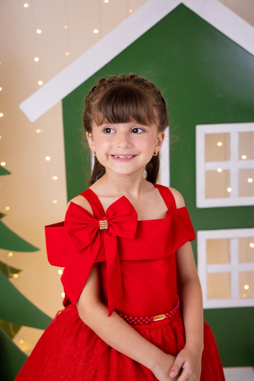 Vestido Midi Vermelho com Tule de Glitter para Festas de Natal
