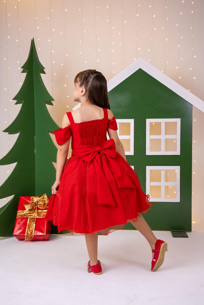 Vestido Midi Vermelho com Tule de Glitter para Festas de Natal