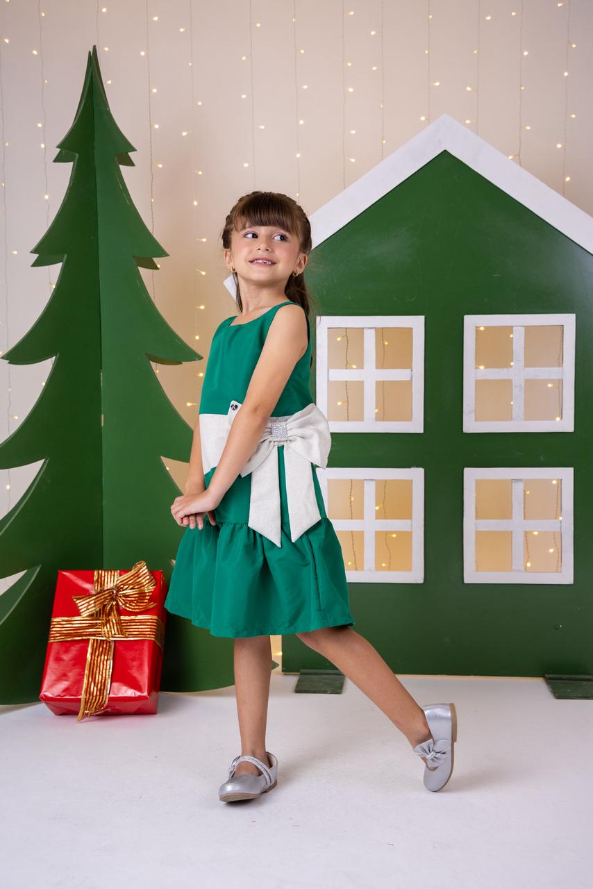 Vestido Verde Natal em Tecido 100% Poliéster com Laço e Brilho