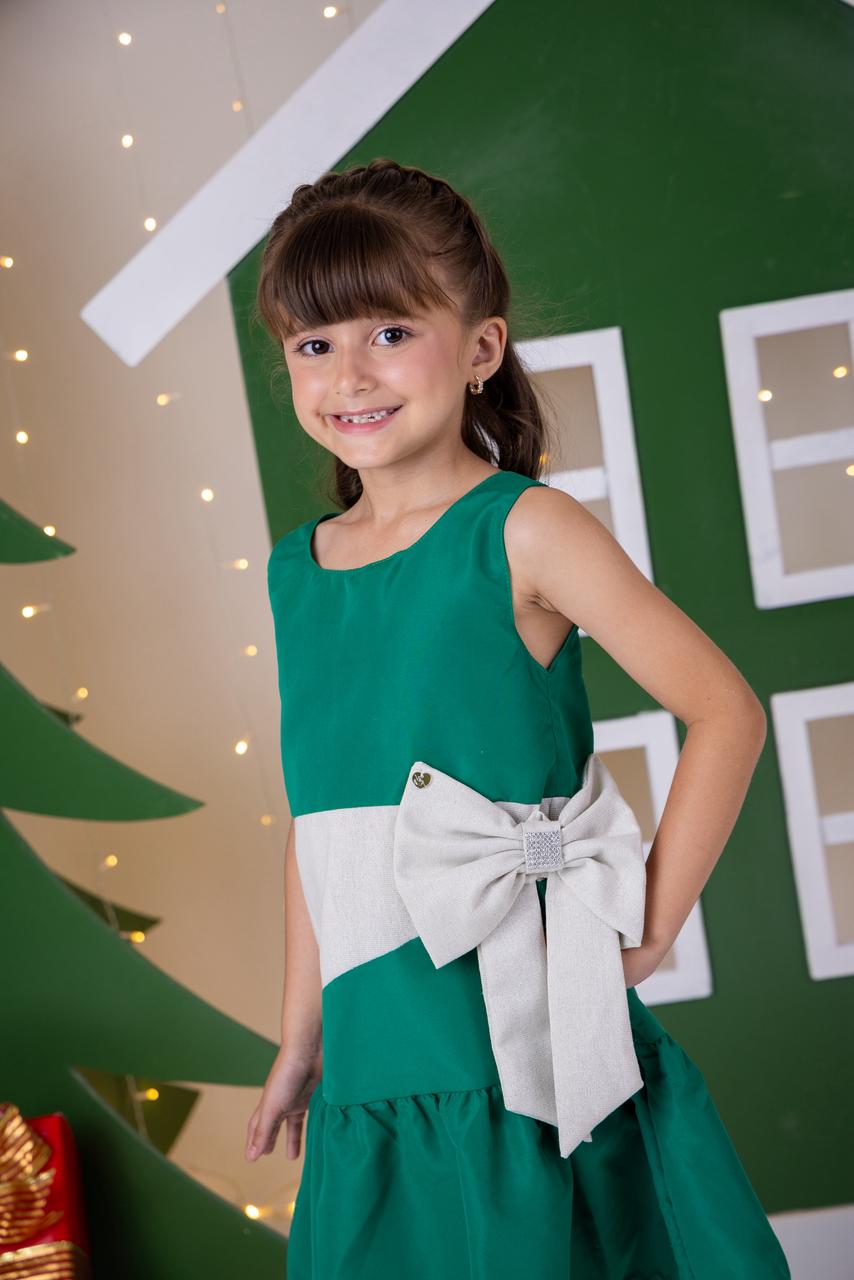 Vestido Verde Natal em Tecido 100% Poliéster com Laço e Brilho