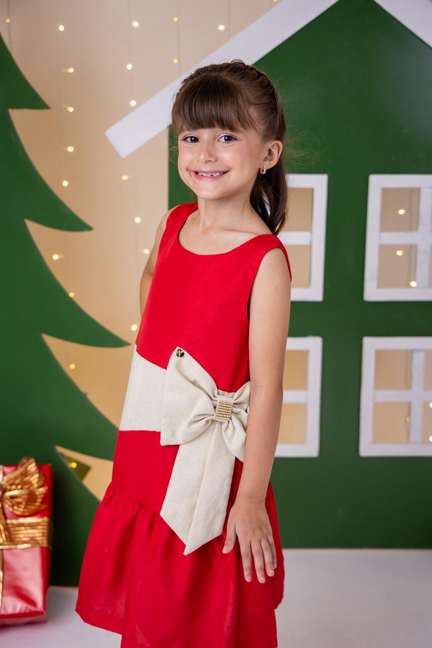 Vestido Vermelho Natalino em Tecido de Poliéster com Laço Dourado