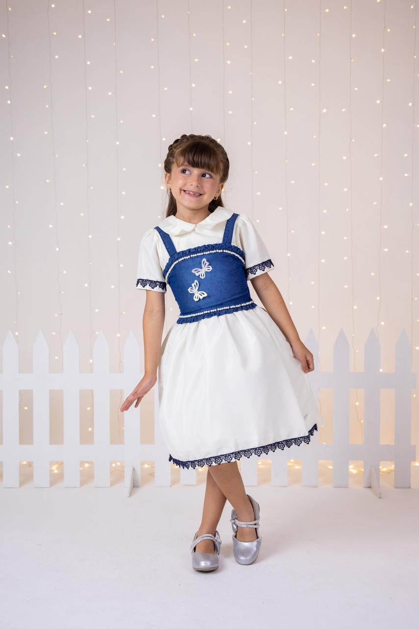 Vestido Off com Colete Jeans e Detalhes em Renda Azul Marinho