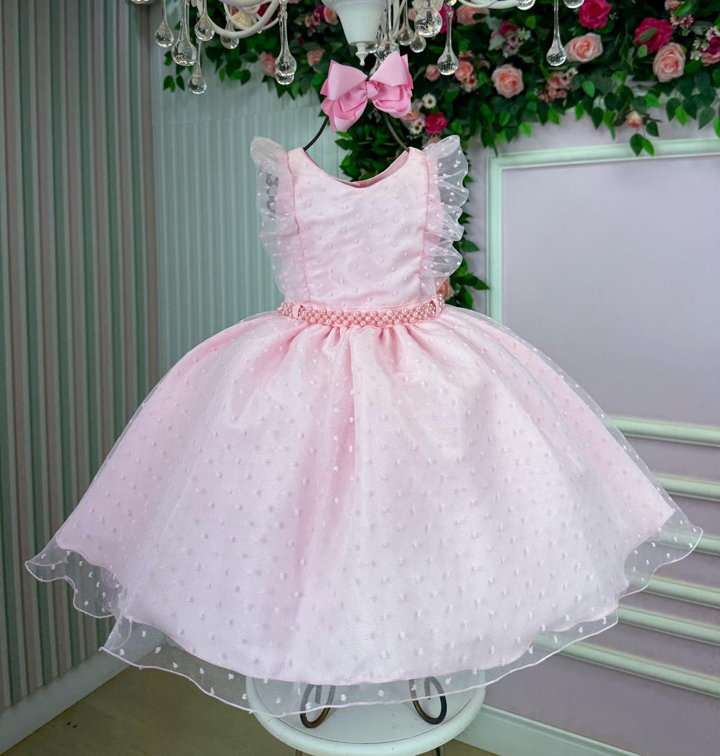 Vestido Infantil Rosa com Tule Poá e Detalhes em Pérolas