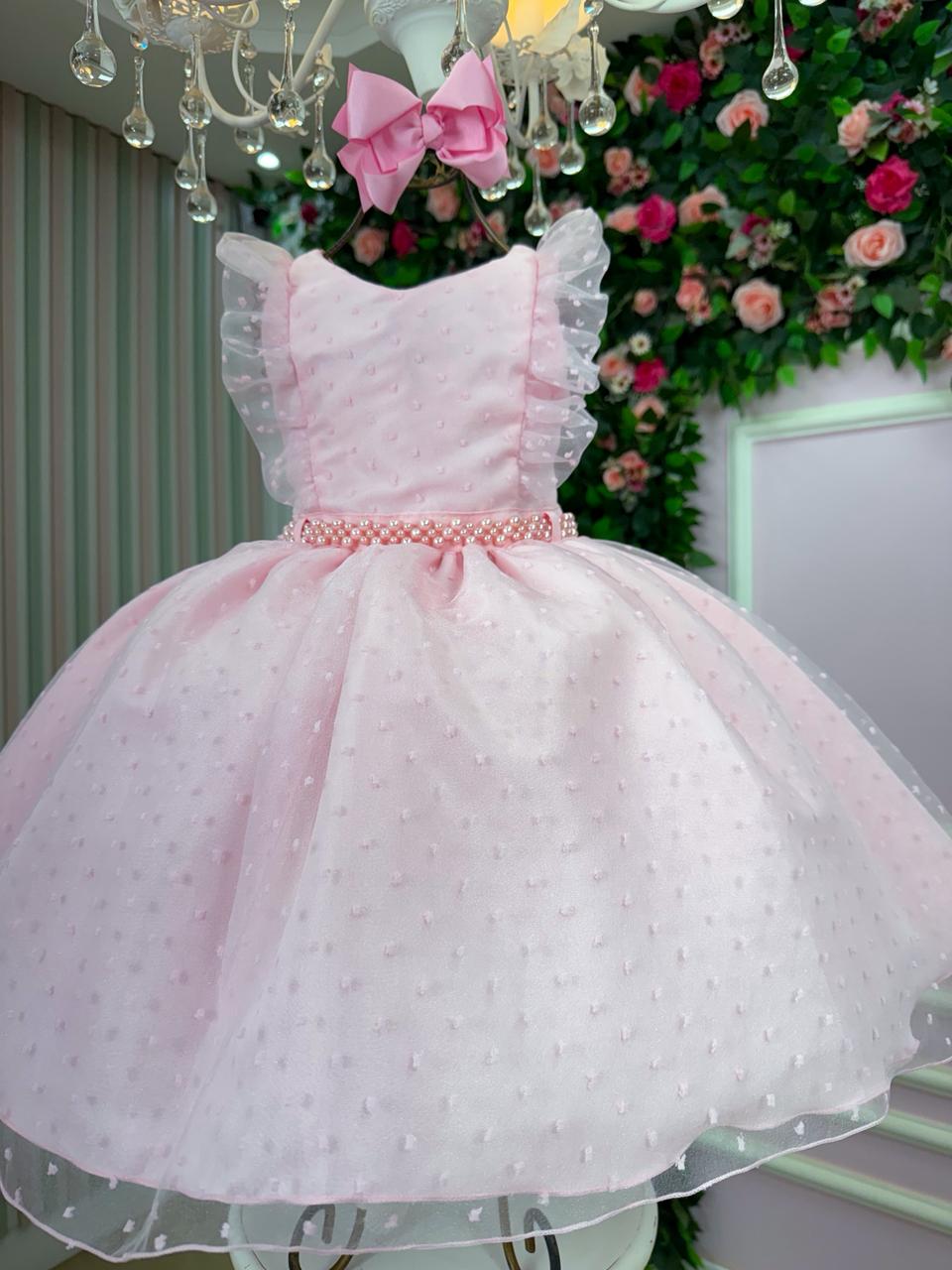Vestido Infantil Rosa com Tule Poá e Detalhes em Pérolas