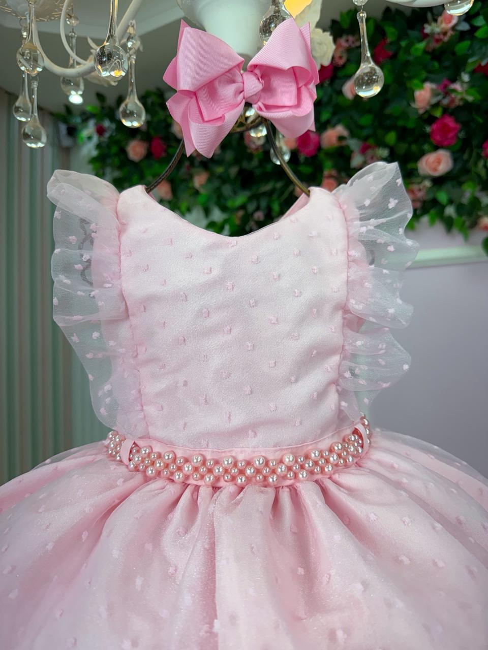 Vestido Infantil Rosa com Tule Poá e Detalhes em Pérolas