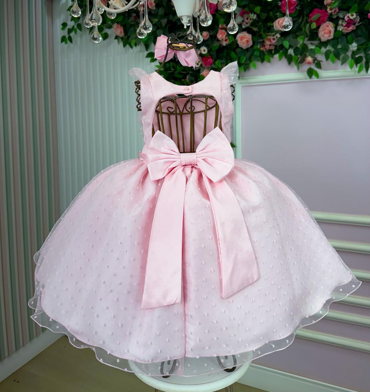 Vestido Infantil Rosa com Tule Poá e Detalhes em Pérolas