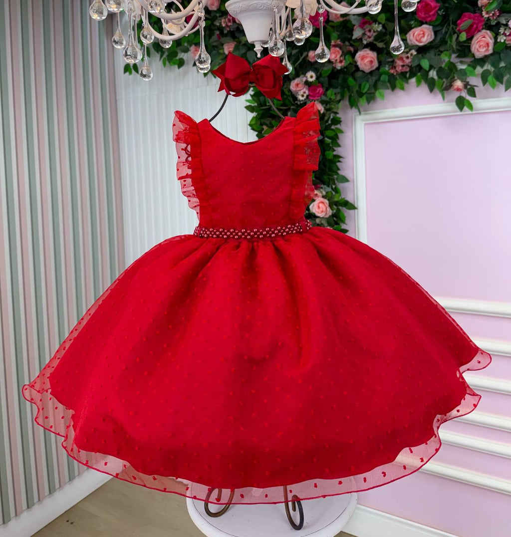 Vestido Infantil Vermelho com Tule Poá e Pérolas