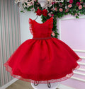 Vestido Infantil Vermelho com Tule Poá e Pérolas