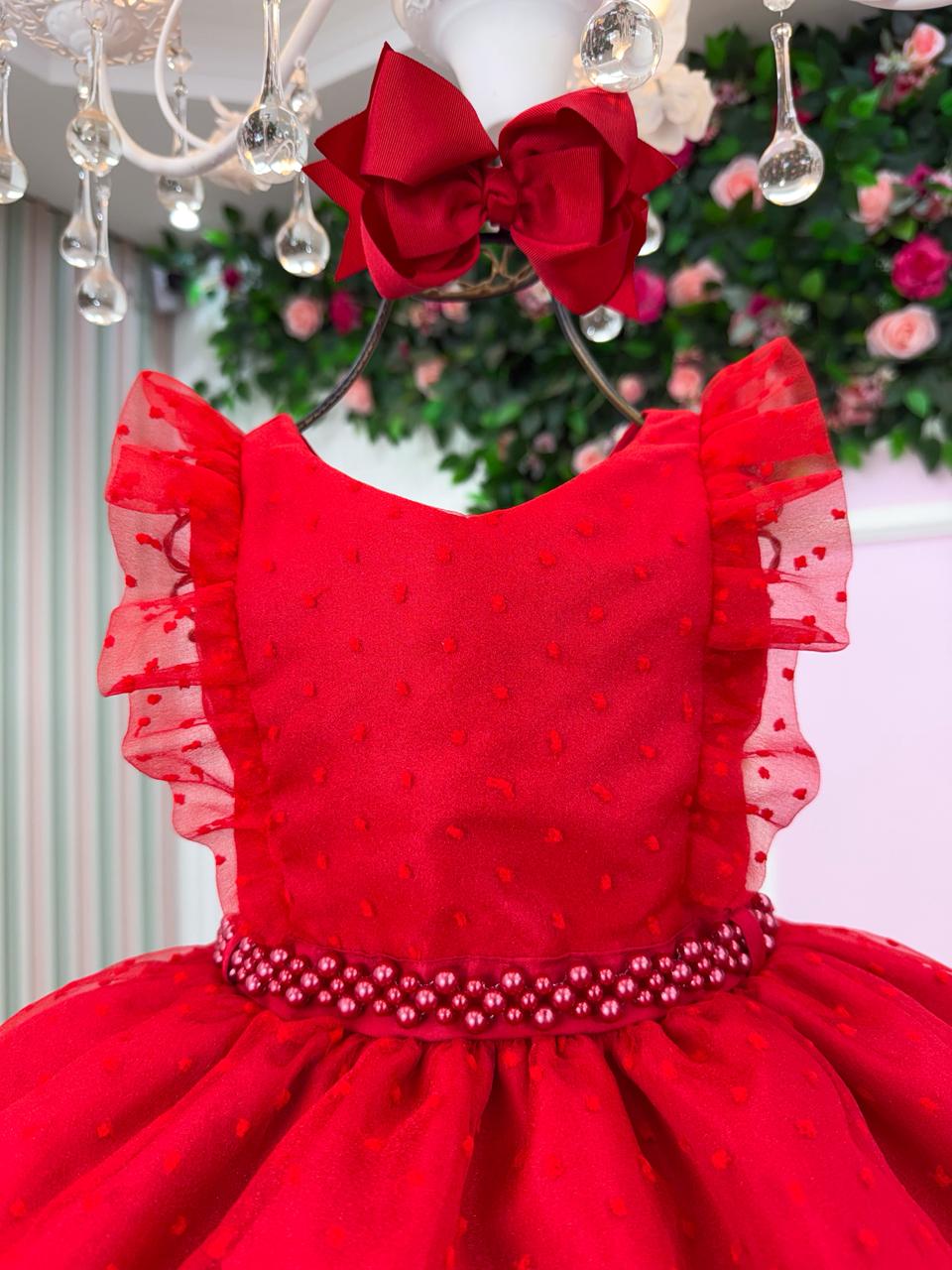 Vestido Infantil Vermelho com Tule Poá e Pérolas