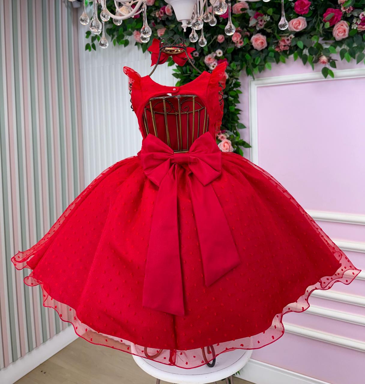 Vestido Infantil Vermelho com Tule Poá e Pérolas
