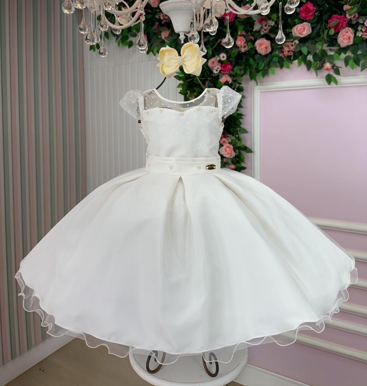 Vestido Infantil Elegante Isabela Off em Tule com Pérolas
