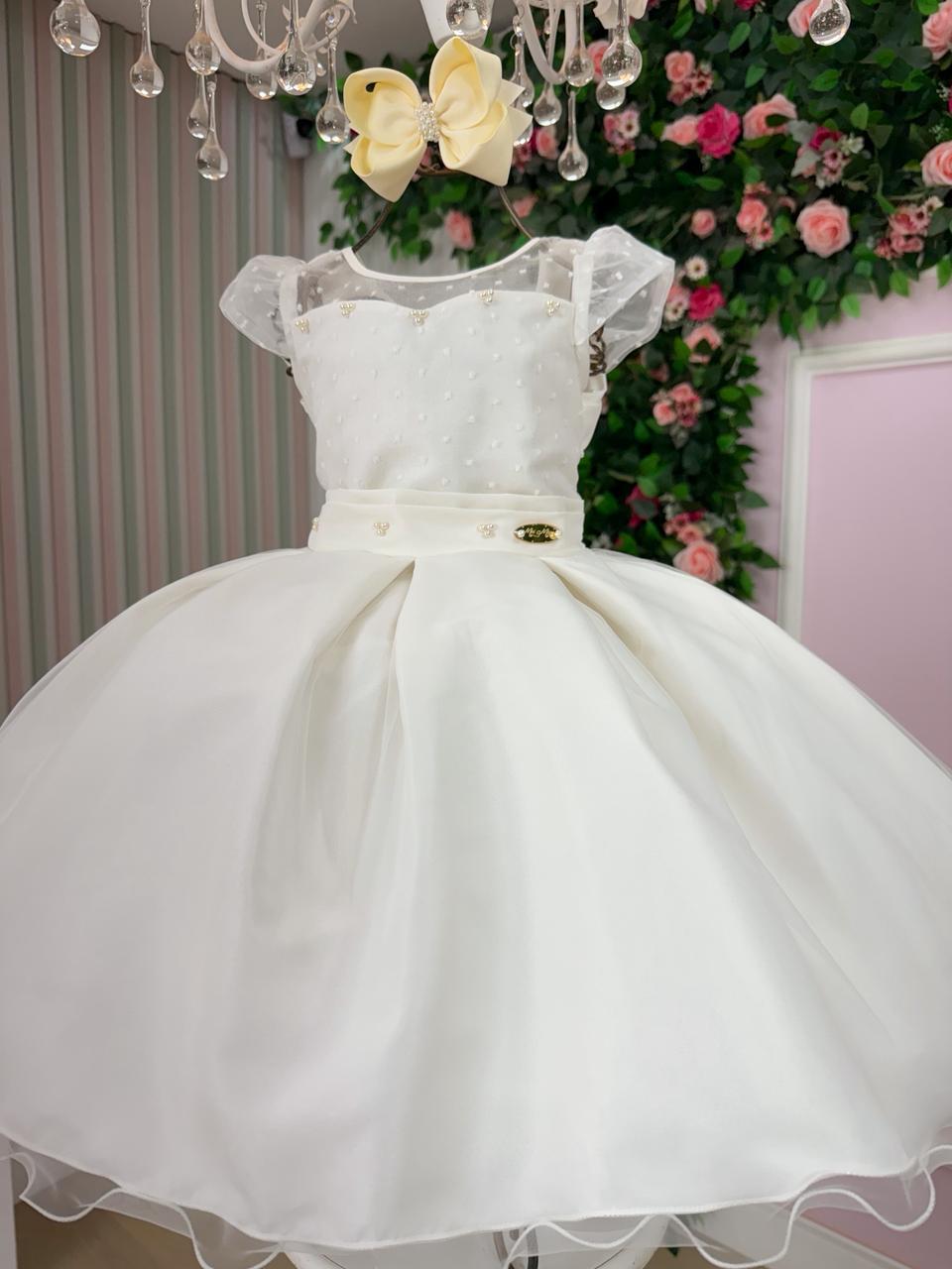 Vestido Infantil Elegante Isabela Off em Tule com Pérolas