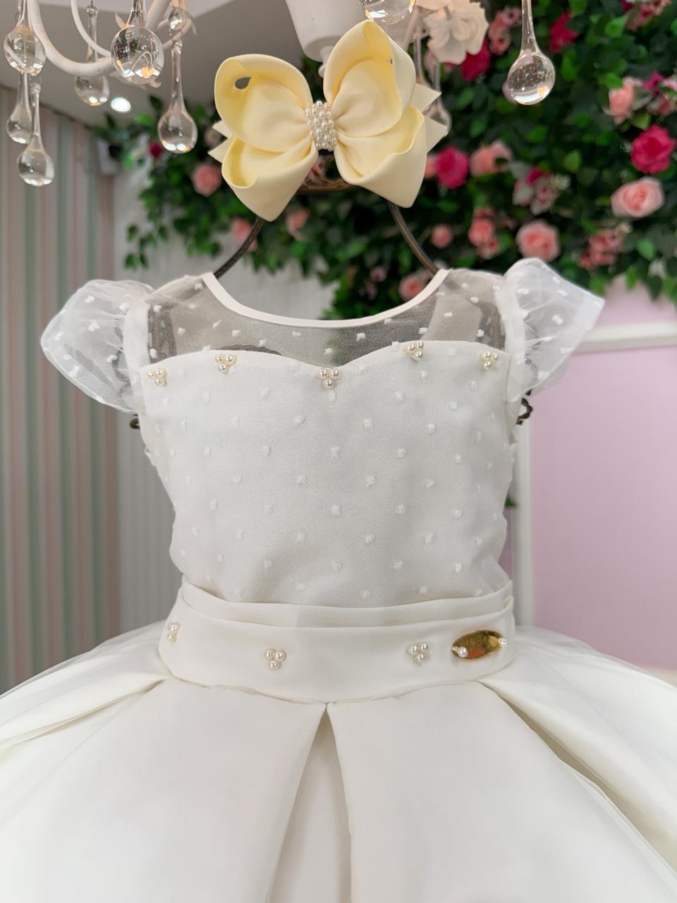 Vestido Infantil Elegante Isabela Off em Tule com Pérolas