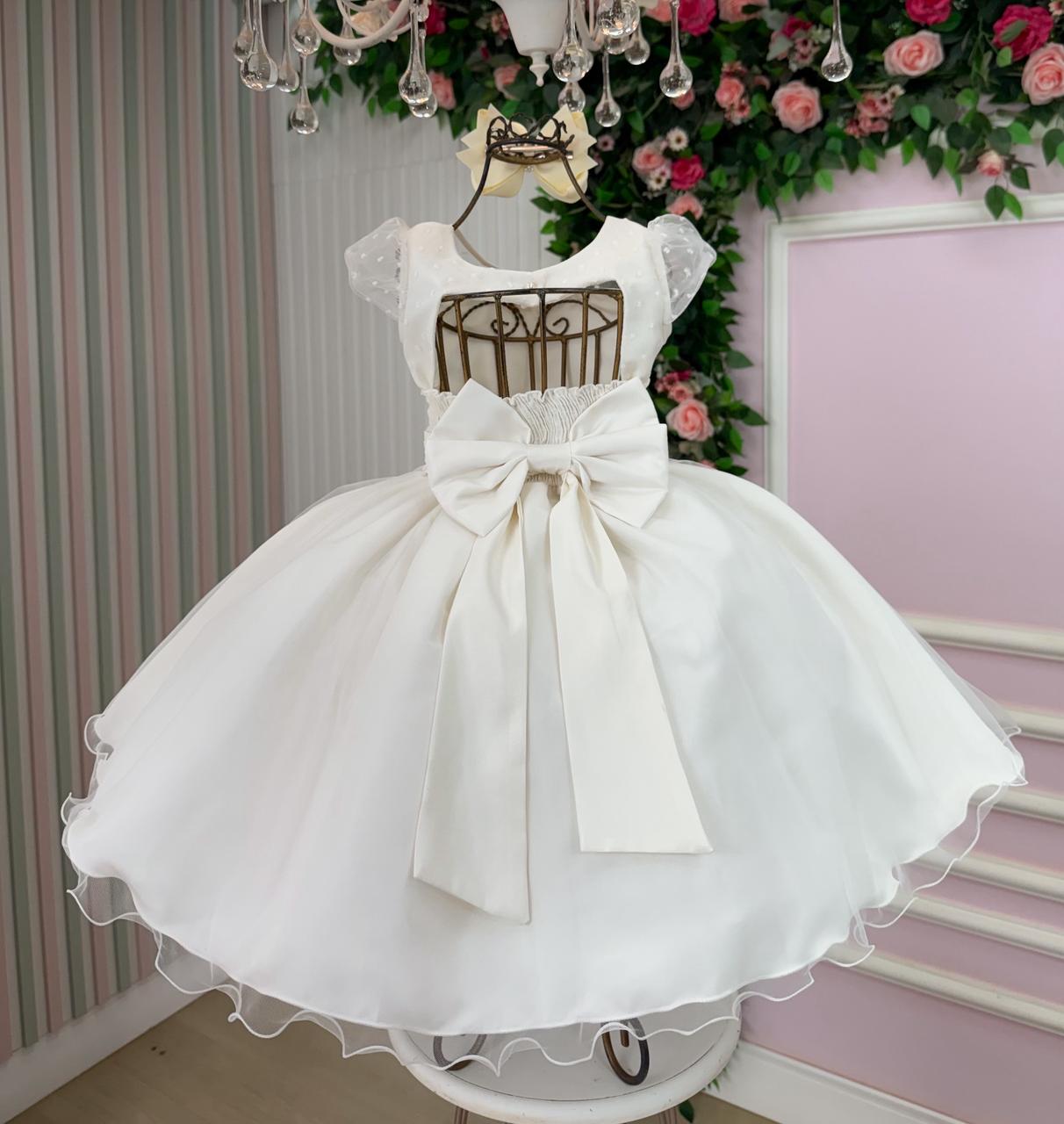 Vestido Infantil Elegante Isabela Off em Tule com Pérolas
