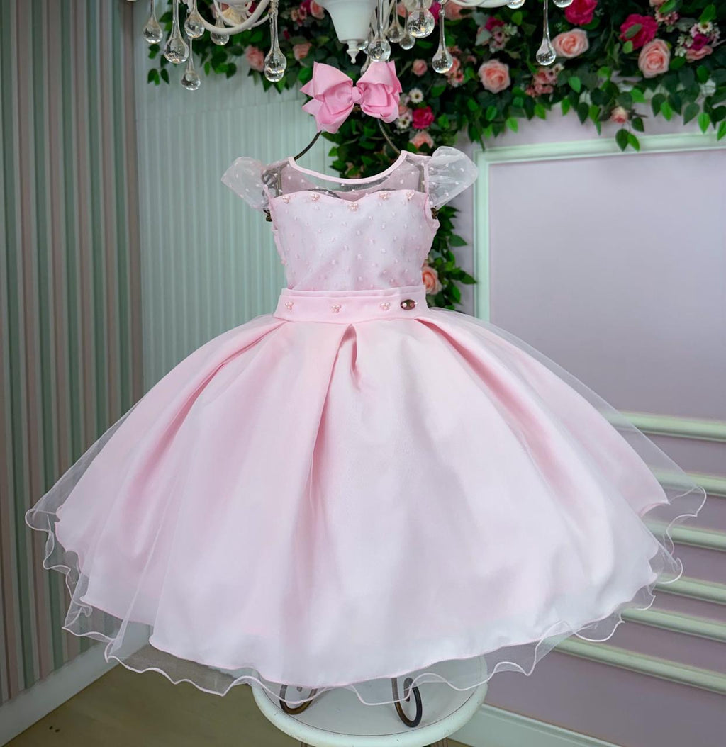Vestido Infantil Rosa em Tule com Pérolas Delicadas