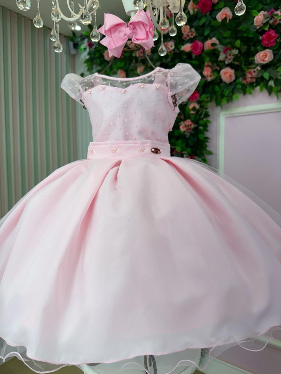 Vestido Infantil Rosa em Tule com Pérolas Delicadas